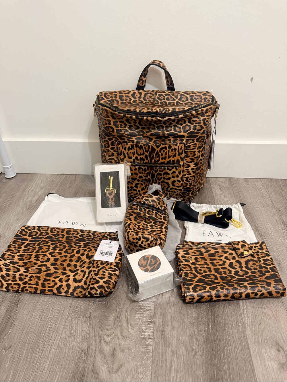 NWT Fawn Design Original Leopard Diaper Bag Bundle | Complete Matching Set | Ret